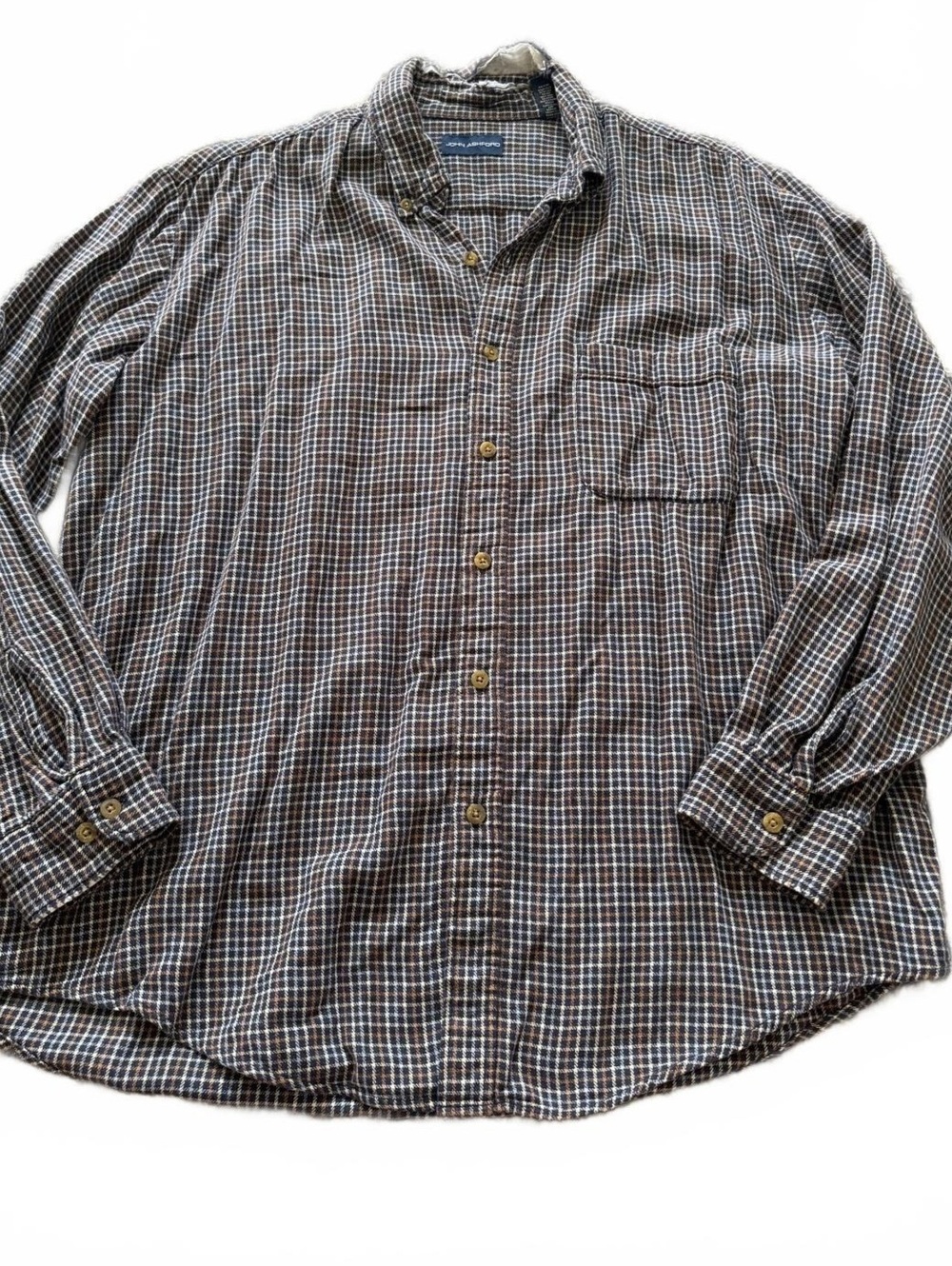 John Ashford Large Brown Plaid Flannel Shirt Cotton Grunge Distressed